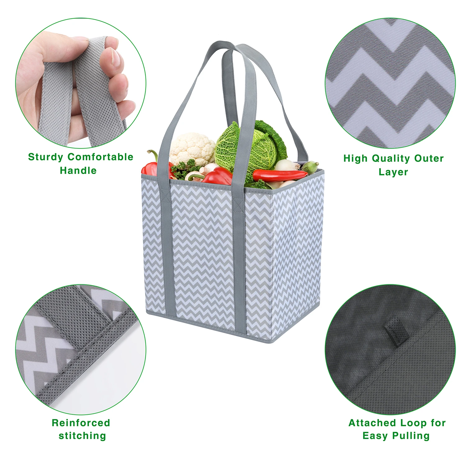Large eco reusable laminated tote shopping bag with zipper closure