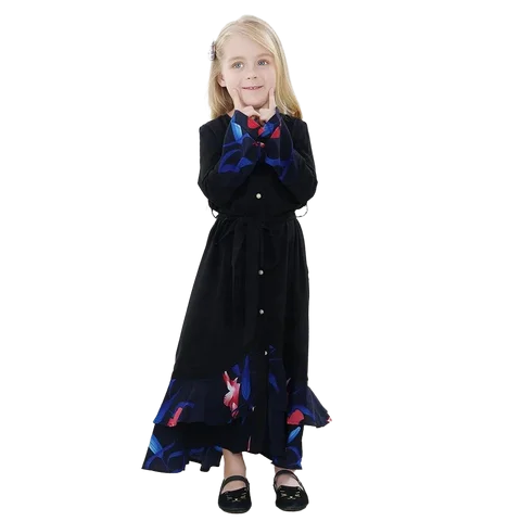 latest round collar abaya kids black turkey style modele de robe pour petite fille for girls elbise hijab dress party at