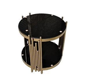 Luxury Fashional Stainless Steel Round End Table Black Tempered Glass Brass Gold Accent Side Table