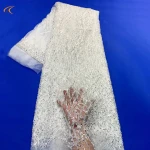 luxury flower wire bead tube sequined mesh embroidery fabric French tulle lace bridal white wedding dress