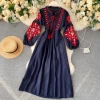 LY123 New 2021 Autumn Design Floral Embroidery O-Neck Long Sleeve Women Dresses Clothing 6