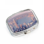 Metal Round Enamel Pill box Jewelry Box City Theme Travel Pocket Mini Pill Storage Case Purse Daily Small Pill Case