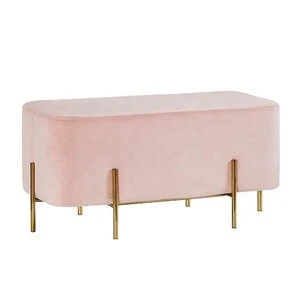 Mid Century Moroccan Pink Fabric Velvet Upholstered Gold Metal Leg Hotel Bench Stool Pouf Ottoman