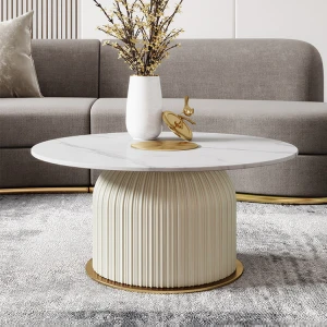 Modern light luxury smart gold round marble style rock slab coffee tables set living room furniture