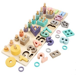 Montessori Math Shapes Puzzle Toys Wooden Blocks Learning Toys Number Counting Shape Stacker