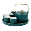 New Arrival Green gold rim 6 Pcs with 4 Cups and Tray Ceramic tea sets with teapot for gift