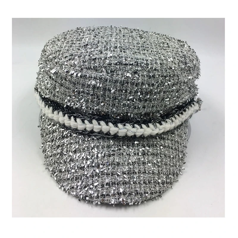 New fashionable design silvery military beret cap fitted hat with rhinestone and braids