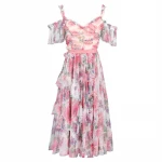 newly arrival spaghetti strap ruffle women boutique floral print  style midi evening dress shoulder cut out dress