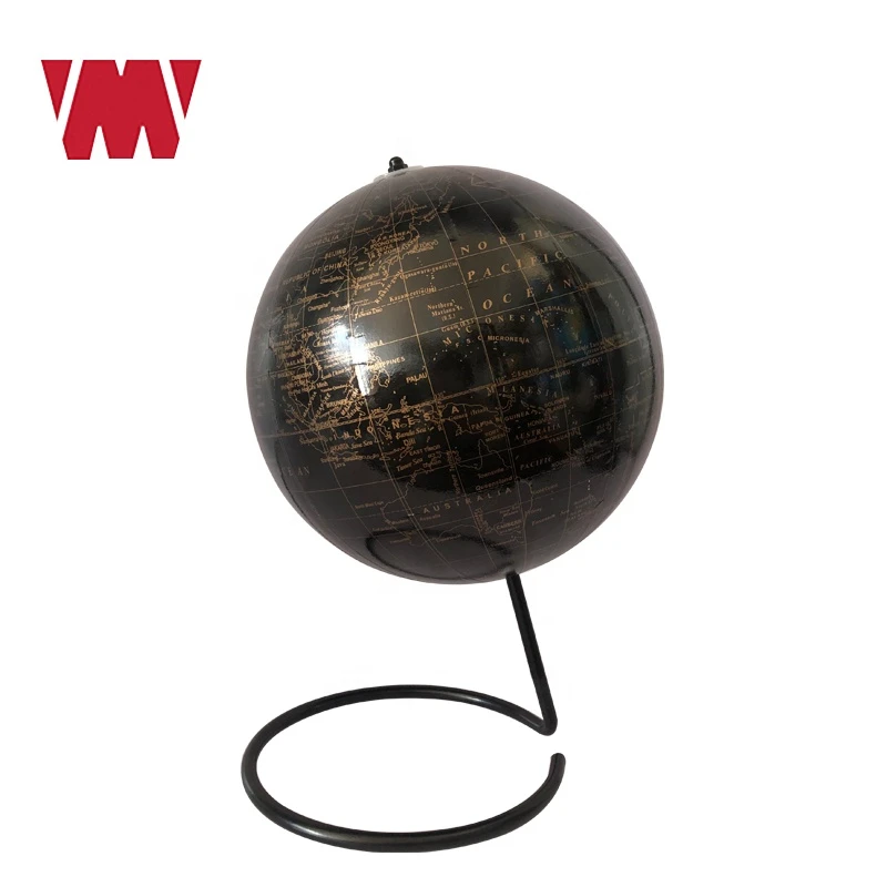Novelty 18.2cm black gloden or sliver world globe paper surface ABS inner ball steel wire base home decoration desktop globes