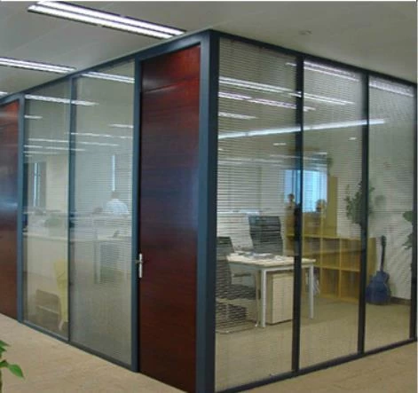 Office Single Double Layer Glazed Black Color Alloy  Flush Door Design Aluminum Frame Glass Partition Wall For Office