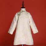 Pink Floral Jacquard Fabric Long Sleeve A-Line Girls Ethnic Style Traditional Chinese Cheongsam Dress For Kids