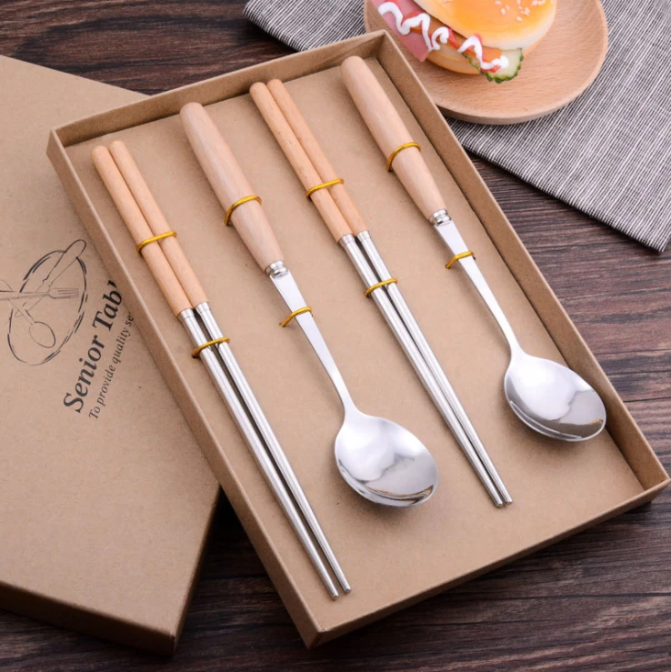 Products Supply Kitchen Accessories Multifunction Portable Travel Picnic Spoon Fork Chopsticks Wooden Handle Cutlery Set