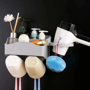 Punch-free Storage Rack Home Decoration toothbrush holder Hair dryer rack wall Mounted bathroom storage holder with hooks