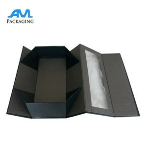PVC window foldable gift box with magnetic closure rigid leather texture paper