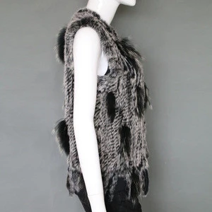 Real rabbit fur vests with raccoon fur classic style hand knitted fur winter gilets