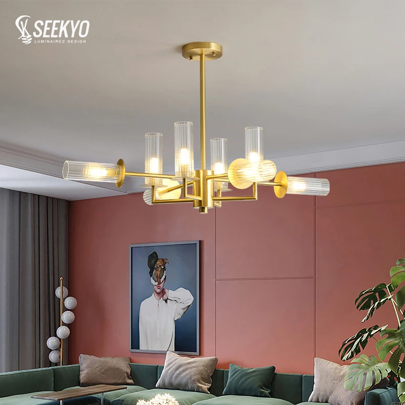 Retro vintage luxury gold cylinder glass pendant light modern home hotel living room decor ceiling hanging chandelier lamp