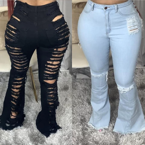 sexy cut-out flare trend bell bottom distressed denim ripped women jeans 2022 with hole