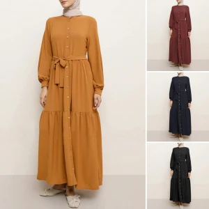 Slanna islamic clothing  Hight waist A line Bowtied puff belted hem maxi ruffle peplum kaftan muslim abaya dress