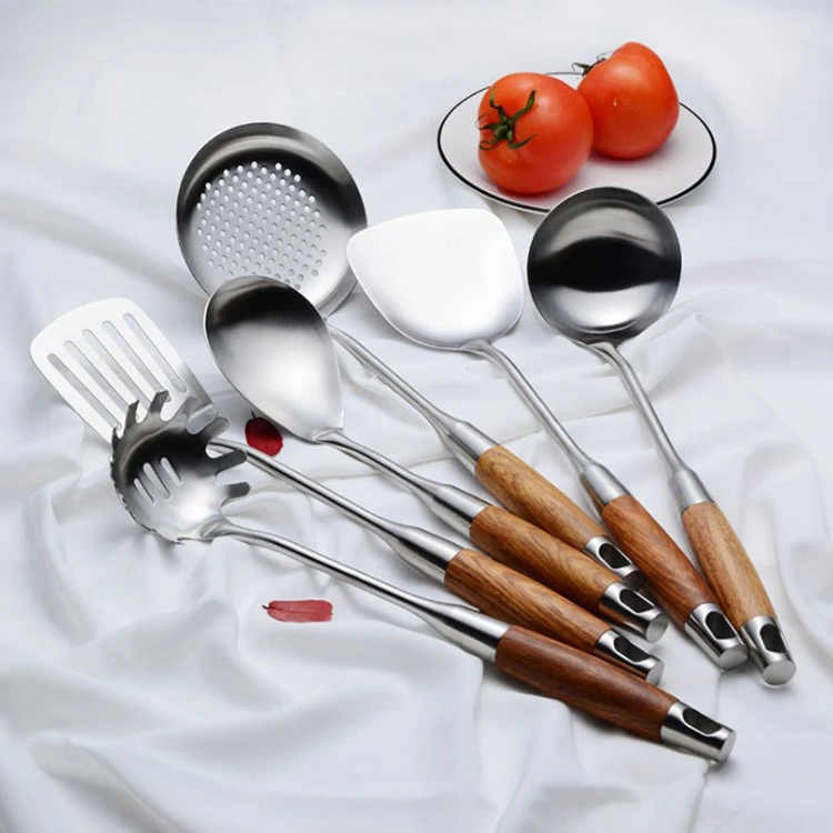 stainless steel kitchenware tools utensils set with the wooden handle