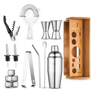Stylish Tools Bartender Kit and Bar Stand Bamboo Cocktail Shaker Set
