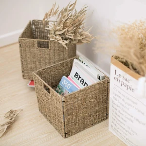 Supplier wholesale rectangular wicker basket, seaweed hand woven basket with lining