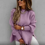 Sweater womens knit half turtleneck solid long sleeve winter fashion pullover womens loose sweater
