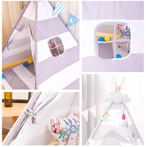 Teepee Kids Tent with Thick Mat &amp; Carry Case &amp; Decorations Star Stickers &amp; Flag - 5 Wooden Poles Canvas Tipi (White)