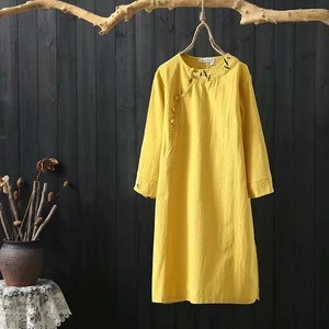 Traditional style Chinese dress good quality candy color women linen comfortable clothing