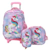 Unicorn Cartoon Girls With Pencil Bag Lunch Box Trolli Trolley Trolly School Bag 2 6 Wheels Students Backpack For School