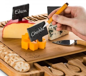 Unique Bamboo Cheese Board With 4 Serving Utensils 3 Labels and 2 Chalk Markers