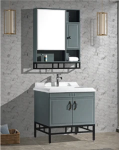 Vintage luxury floor standing PVC bathroom mirrored cabinet vanity with washing basin other bathroom furniture