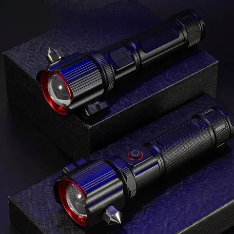 Waterproof Aluminum Alloy Multi-Functional High Power LED Flashlight USB Charging COB Safety Hammer Zoom White Laser Emergency