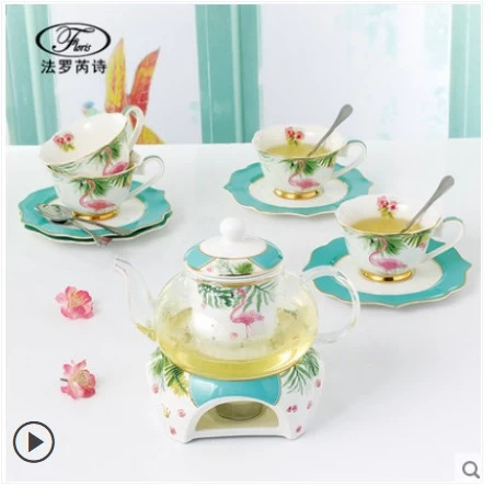 wave shape tea set 15pcs in color box gift item with elegent design with glass tea pot with warmer coffee cup and tea set