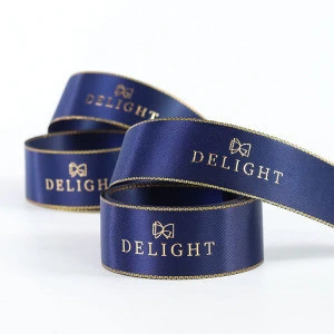 Wholesale custom logo gold foil printed gold edge satin ribbon for gift package
