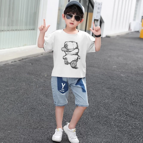 Wholesale Kids Boys Sets Cool Letters white short sleeve jeans Child Two Piece Jean Short Summer Clothing Sets