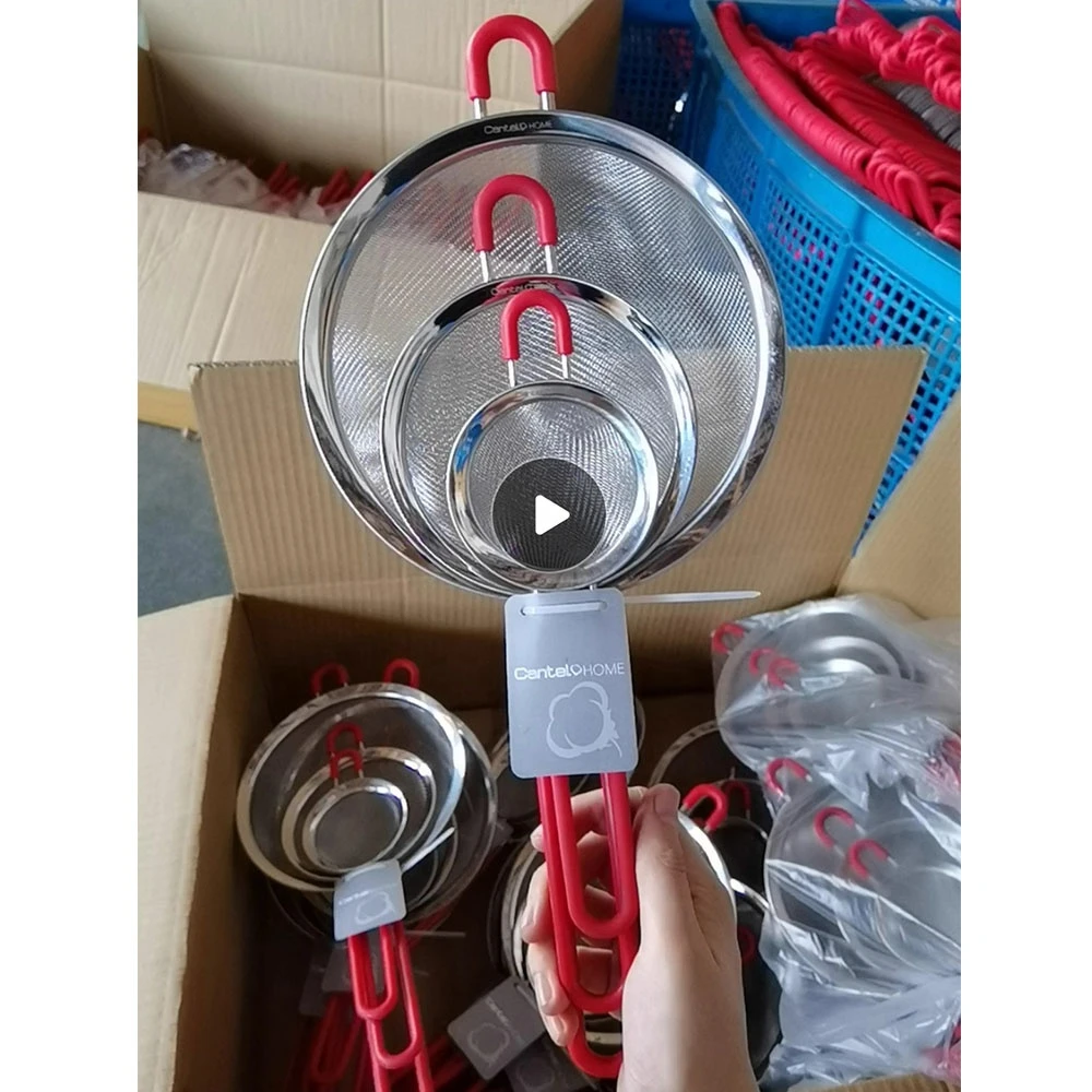 Wholesale Stainless Steel Strainer Sieve Colander/Wire Skimmer Spoon/Fine Mesh Stainless Steel Strainers with Silicone Handles.