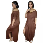 womans summer dresses casual wear clothing women clothes v-neck plain color long split up loose streetwear dress