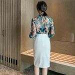 Women Official Floral Printed Blouse Lantern Sleeve Chiffon Shirt Ladies Fashion Versatile Top