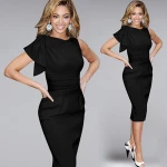 Women Pleated Sleeve Pencil Dress Work Midi Dress