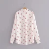 Womens wild style cherry print custom loose white long-sleeved shirt top