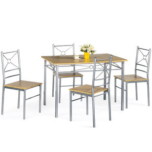 Wooden desktop metal frame dinning room table and chairs set simple wood restaurant dining set with 4 seater