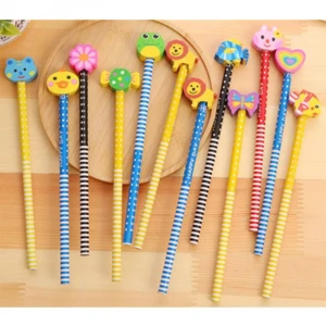 Wooden graphite pencils set with cartoon rubber erasers for kids