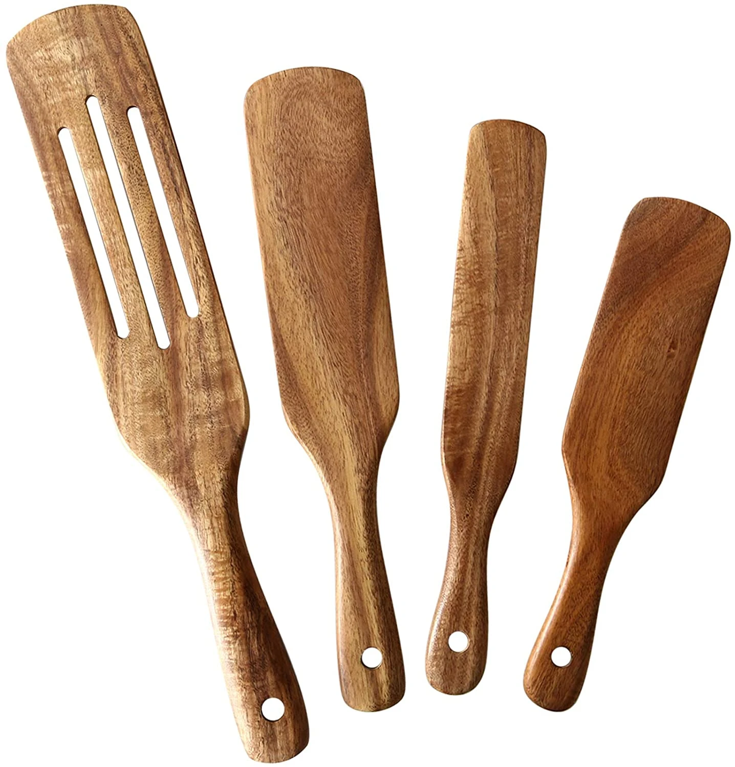 Wooden Spurtles Set of 4 Non-Stick Utensils Tools Durable Natural Acacia Slotted Stirring Spatula Kitchen Cookware