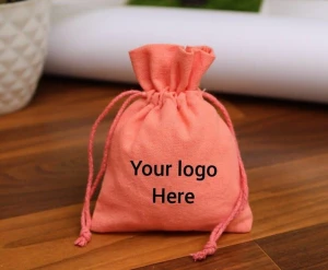 personalized drawstring peach color cotton fabric pouches, jewelry gift pouches, coin pouch, custom logo jewelry pouch