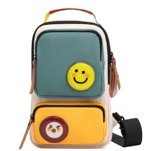 Cute unisex sling chest bag with detachable smiley pouch, lightweight & water resistant for travel, hiking, cycling