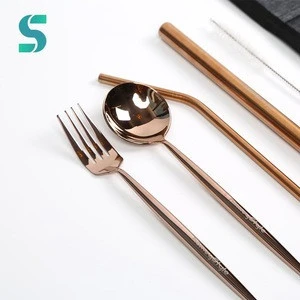 18/10 Rose gold cutlery reusable outdoor stainless steel portugal flatware set with canvas bag