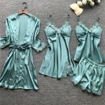 2020 Hot Sale Women Four Pieces Floral Lace Bathrobe and Gowns Elegant Silk Satin Pajamas 4pcs Sleepwear Set