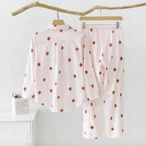 2021 fashion strawberry print cotton long sleeve soft  womens  2pc sets pajama set fashion women sleepwear long pants sleepwear