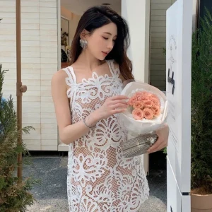 2024 womens new summer dress white one-piece heavy lace A-line loose waist dress halter short dress