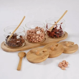 3pcs spice jar set with spoon  Bamboo tray base food glass container
